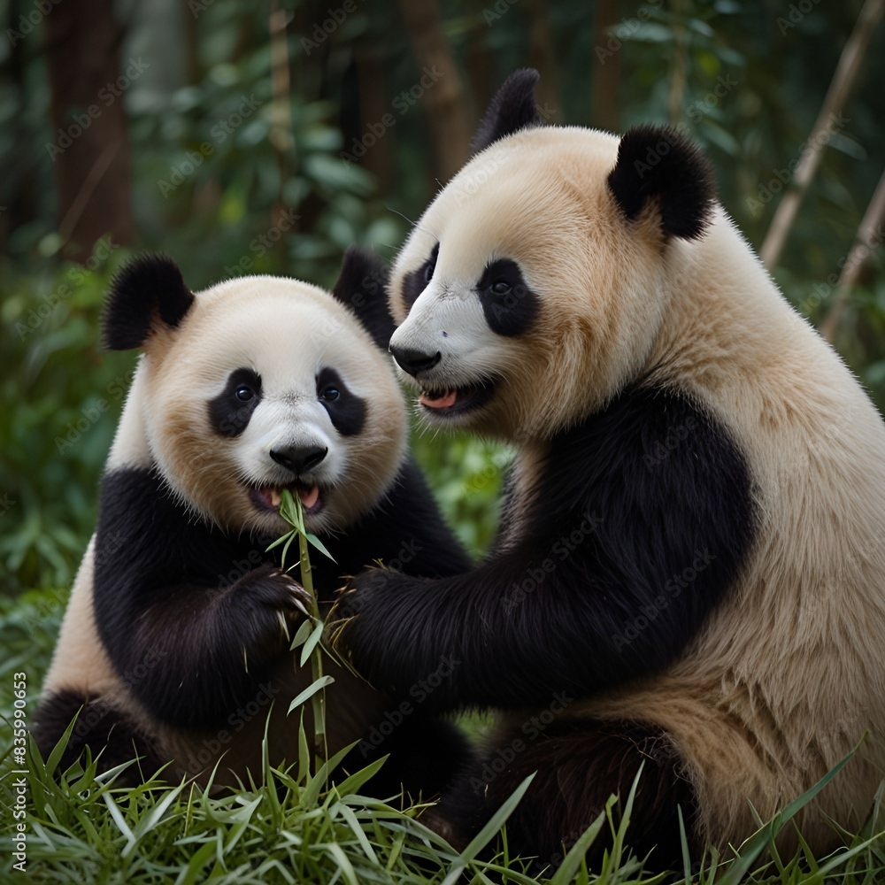 Obraz premium Pandas eating bamboo trees