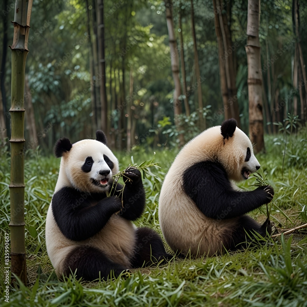 Fototapeta premium Pandas eating bamboo trees