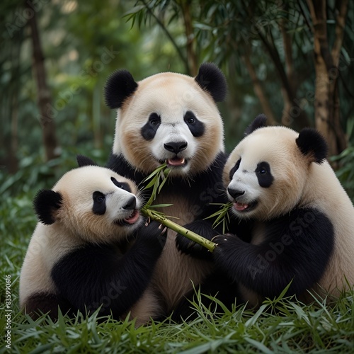 Pandas eating bamboo trees