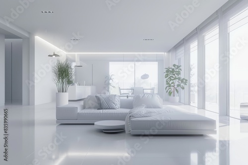 A minimalist living room with a white sectional sofa  large windows  and sleek  modern design elements