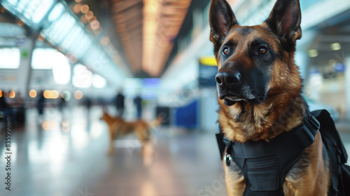 Close up of airport security checkpoint dog sitting in airport  photo