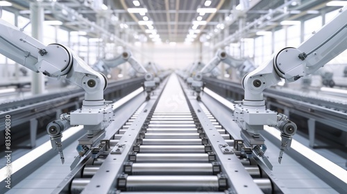 Conveyor belts transporting shiny metal parts to be assembled by robotic hands