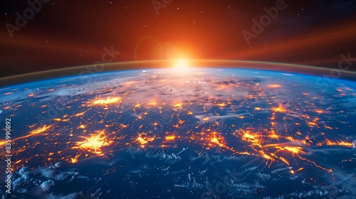 A wide-angle view of Earth from space  showcasing city lights illuminating the planets surface as the sun sets in the background