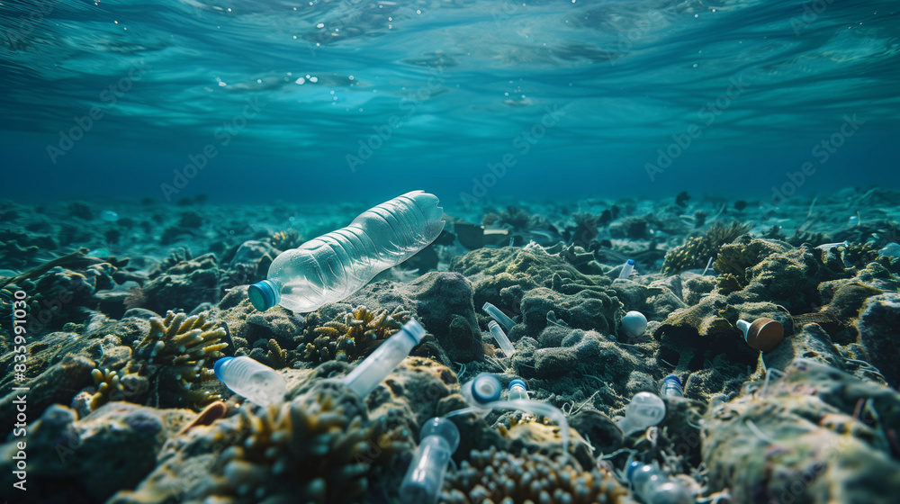 Fototapeta premium plastic bottles waste in ocean bed marine pollution concept