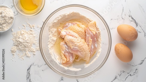 Chicken breast pieces are dredged in flour in a glass bowl, ready for frying photo