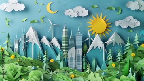 Design a 3D paper art piece that embodies the harmony between nature and technology in an ecogreen city, highlighting the importance of renewable energy sources photo