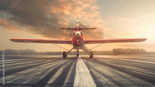 A red airplane is parked on a runway with a sunset in the background photo