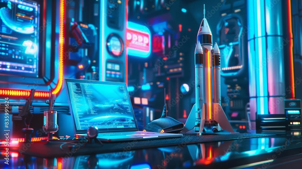Design a scene featuring a sleek rocket and modern laptop, set against a backdrop of glowing blue neon lights Design a scene featuring a sleek rocket and modern laptop, set against a backdrop of glowing blue neon lights