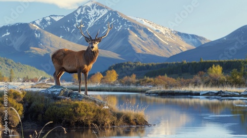 A majestic red deer buck stands on a rock in a river  with a backdrop of snowy mountains and autumn foliage