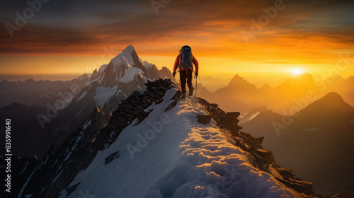 Lone Mountaineer walking a snowy mountainous trail photo