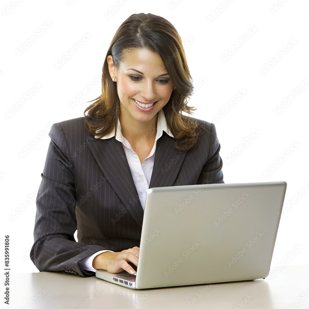 Businesswoman in a suit smiling while working on a laptop at a desk, representing professional office environment and productivity. Businesswoman in a suit smiling while working on a laptop at a desk, representing professional office environment and productivity.