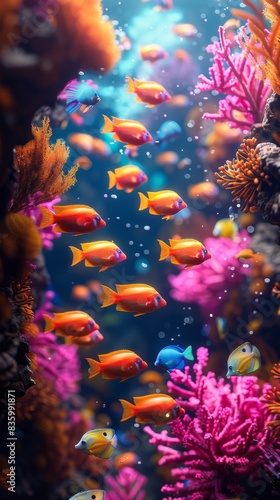 A vibrant underwater scene with a school of fish swimming through a colorful coral reef
