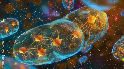 Detailed microscopic view of mitochondria within a cell environment, perfect for medical research documentation, highlighting the complexities of cellular components