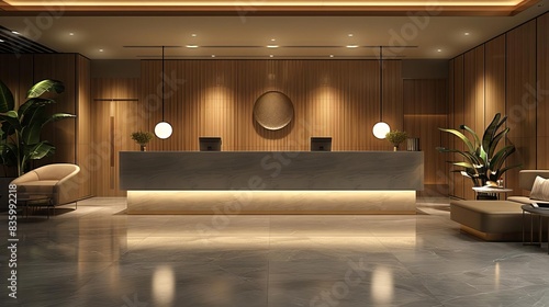 Modern hotel reception area with a sleek, minimalist design, featuring warm lighting, wooden accents, and comfortable seating.