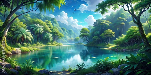 Tropical forest with a serene lake  anime style art   tropical  forest  lake  tranquility  landscape  anime  art  nature  peaceful  tranquil  scenery  lush  trees  plants  water  reflection