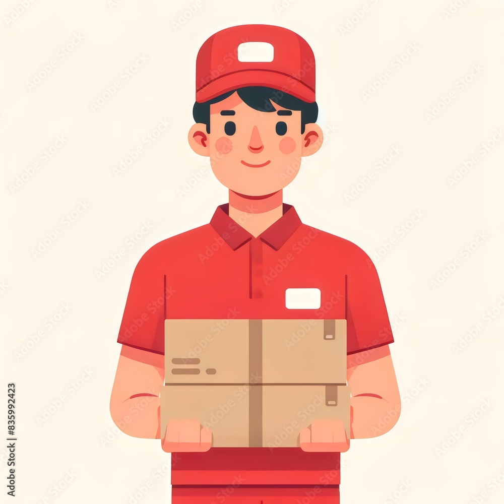 a friendly delivery person in a vibrant red uniform, proudly holding a parcel a friendly delivery person in a vibrant red uniform, proudly holding a parcel
