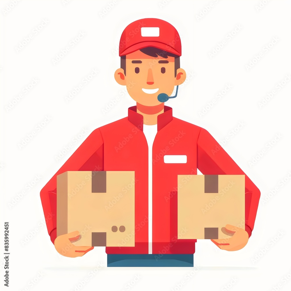 a reliable delivery man in a red uniform and cap, confidently holding two parcels a reliable delivery man in a red uniform and cap, confidently holding two parcels