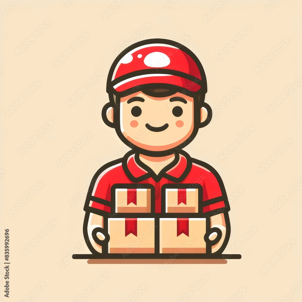 a smiling delivery person in a red uniform, holding a tray with neatly arranged parcels a smiling delivery person in a red uniform, holding a tray with neatly arranged parcels