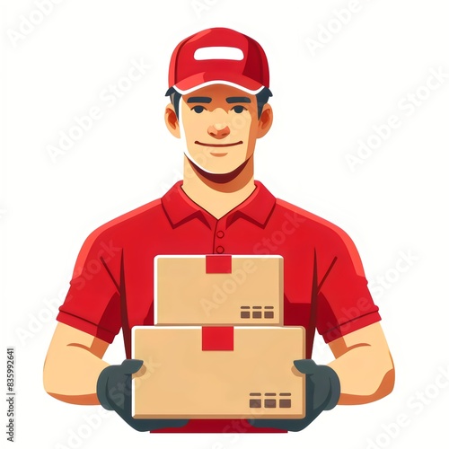 a confident delivery man in a red uniform and cap, holding two cardboard boxes securely