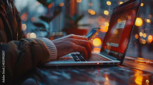 Person using a laptop and holding a credit card. Background shows blurred city lights, suggesting online shopping or working in a cozy environment.