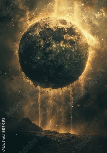 a vertical shot of a beautiful golden planet with stars and planets