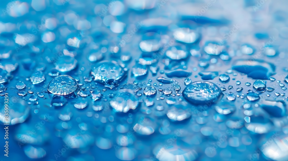 Close-up of water droplets scattered across a bright blue surface. Close-up of water droplets scattered across a bright blue surface.