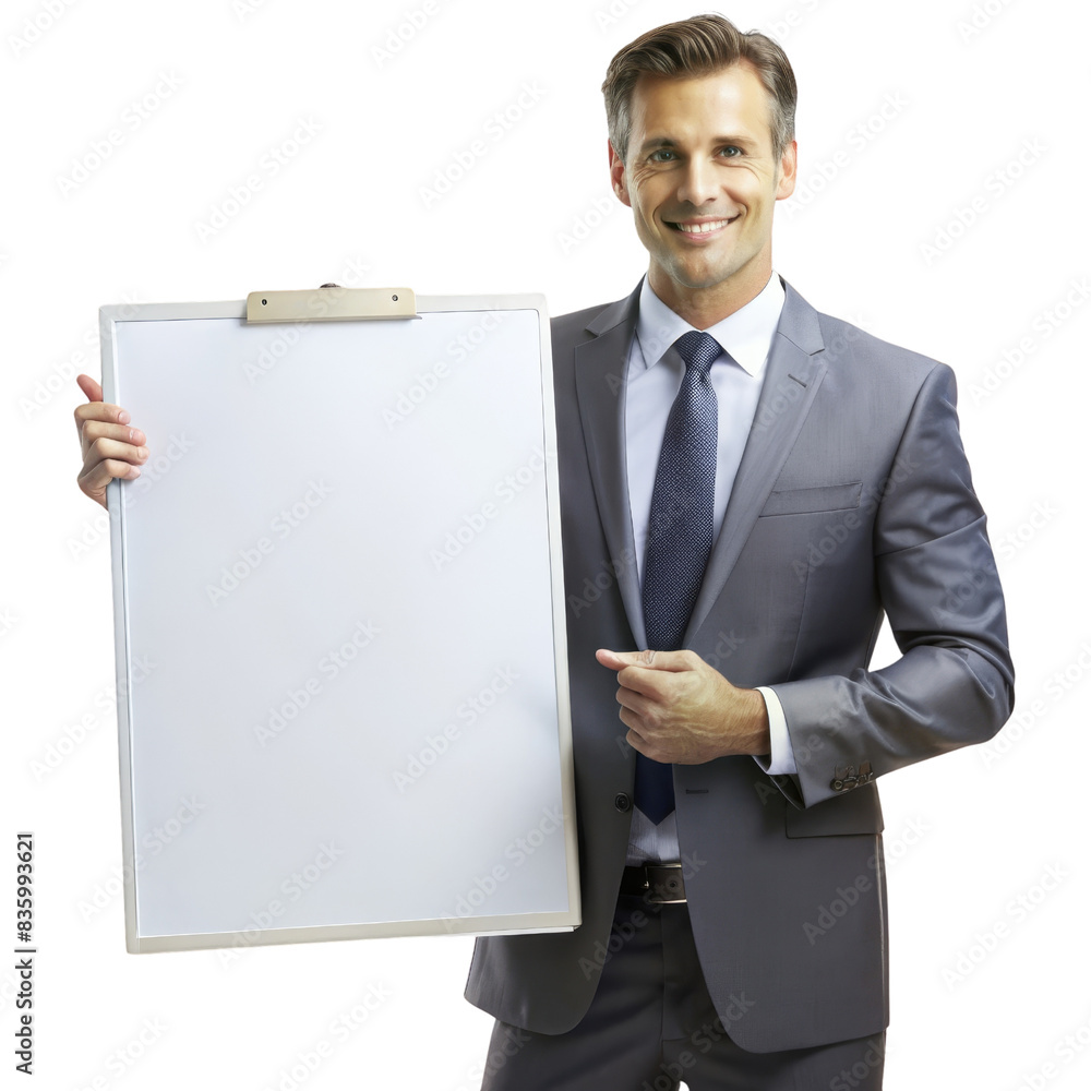 Confident businessman in a suit holding a blank clipboard, ready for your message. Ideal for business, presentation, and professional use. Confident businessman in a suit holding a blank clipboard, ready for your message. Ideal for business, presentation, and professional use.