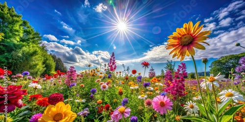 Vibrant image of a sunny July day with clear blue skies and blooming flowers, summer, sunshine, nature, outdoor, vibrant, sunny, July, blue skies, flowers, bloom, sunny day, weather photo