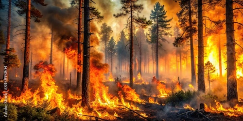 A chaotic scene of a burning forest with flames spreading rapidly   disaster  fire  nature  destruction  wildfire  intense  inferno  smoke  flames  environmental  burning  catastrophe  scorched