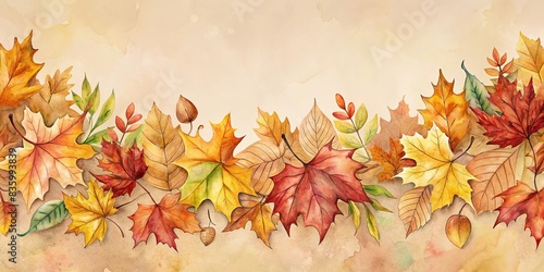 Watercolor autumn leaves border in warm hues on beige background  watercolor  autumn  leaves  frame  warm colors  beige  background  nature  seasonal  fall  decoration  design  artistic