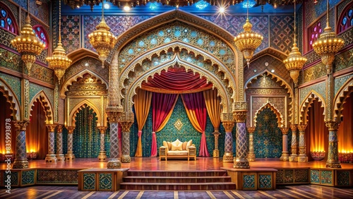 An opulent Arabian Nights palace theatre stage set with intricate designs and luxurious decor , Arabian, Nights, Palace, Theatre, Stage, Scene, Opulent, Intricate, Designs, Luxurious, Decor