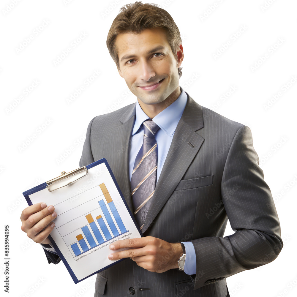 Confident businessman in suit presenting a clipboard with a bar graph, showcasing business growth and success. Confident businessman in suit presenting a clipboard with a bar graph, showcasing business growth and success.