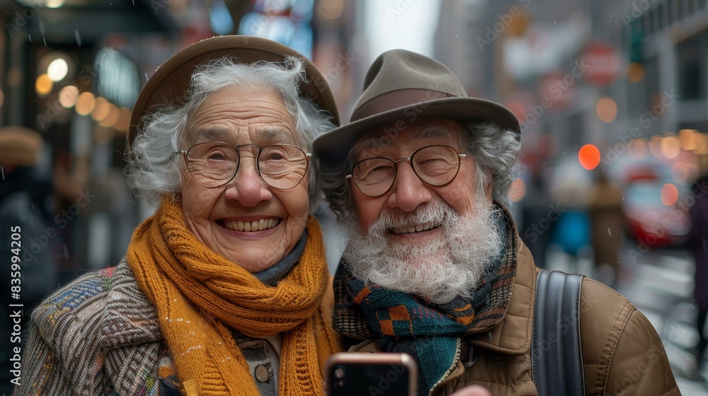 Senior couple capturing memories selfie with smartphone in the city street, technology and aged lifestyle. Senior couple capturing memories selfie with smartphone in the city street, technology and aged lifestyle.
