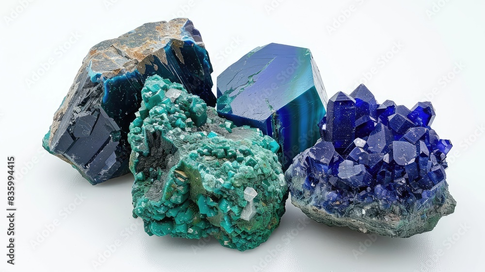 Natural azurite and malachite minerals on a white background cut and presented as specimens Natural azurite and malachite minerals on a white background cut and presented as specimens