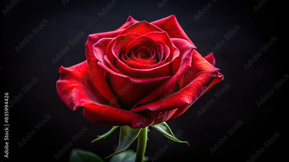Vibrant red rose against a dark black background, floral, romantic, elegant, nature, love, passion, beauty, Valentine's Day, petal, bloom, close-up, vibrant, contrast, black background