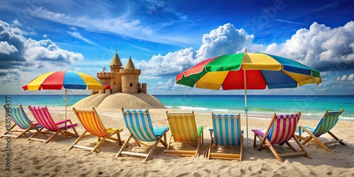 Beach scene with colorful umbrellas, beach chairs, and sandcastle, summer, beach party, ocean, sand, sunny, vacation, relaxation, paradise, tropical, leisure, umbrella, chairs, sandcastle photo