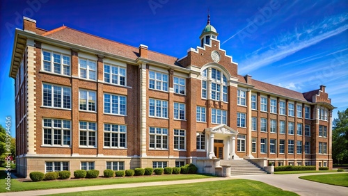 Classic school building exterior with clear blue sky backdrop, school, building, architecture, education, institution, exterior, clear sky, blue, sunny, windows, brick, traditional photo