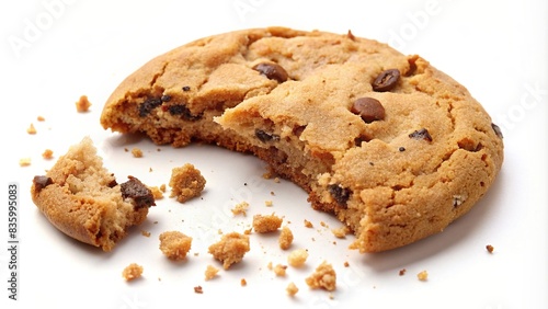 Close up of a half eaten cookie with crumbs on a white background  food  snack  dessert  sweet  delicious  indulgence  close up  detail  baked goods  treat  temptation  crumbs  sugar