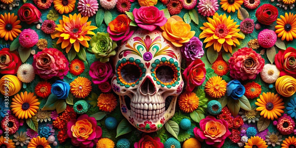 Traditional floral Day of the Dead inspired Cinco de Mayo background, floral, Mexican, traditional, celebration, festive, colorful, decoration, holiday, skull, sugar skull, marigold