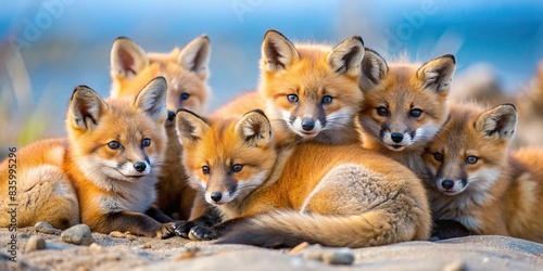 Wild baby red foxes cuddling at the beach in Nova Scotia, Canada, during June 2024 , Red fox, wildlife, nature, baby animals, cute, cuddling, beach, Nova Scotia, Canada, wild, mammals, fur