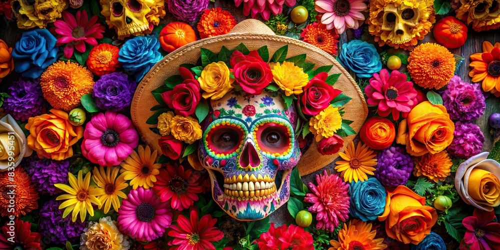 Traditional floral Day of the Dead inspired Cinco de Mayo background, floral, Mexican, traditional, celebration, festive, colorful, decoration, holiday, skull, sugar skull, marigold