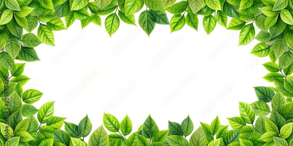 Green leaves border frame on white background with space for copy, green leaves, border, frame, white background, copy space, nature, foliage, botanical, organic, design, template, flora