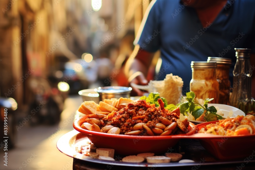Obraz premium Lebanese mezze on a lively Beirut street.