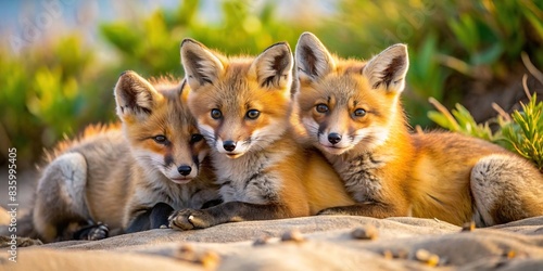 Wild baby red foxes cuddling on the beach in Nova Scotia, Canada in June 2024, wildlife, animals, foxes, cute, cuddling, beach, nature, outdoors, Nova Scotia, Canada, wild, adorable photo