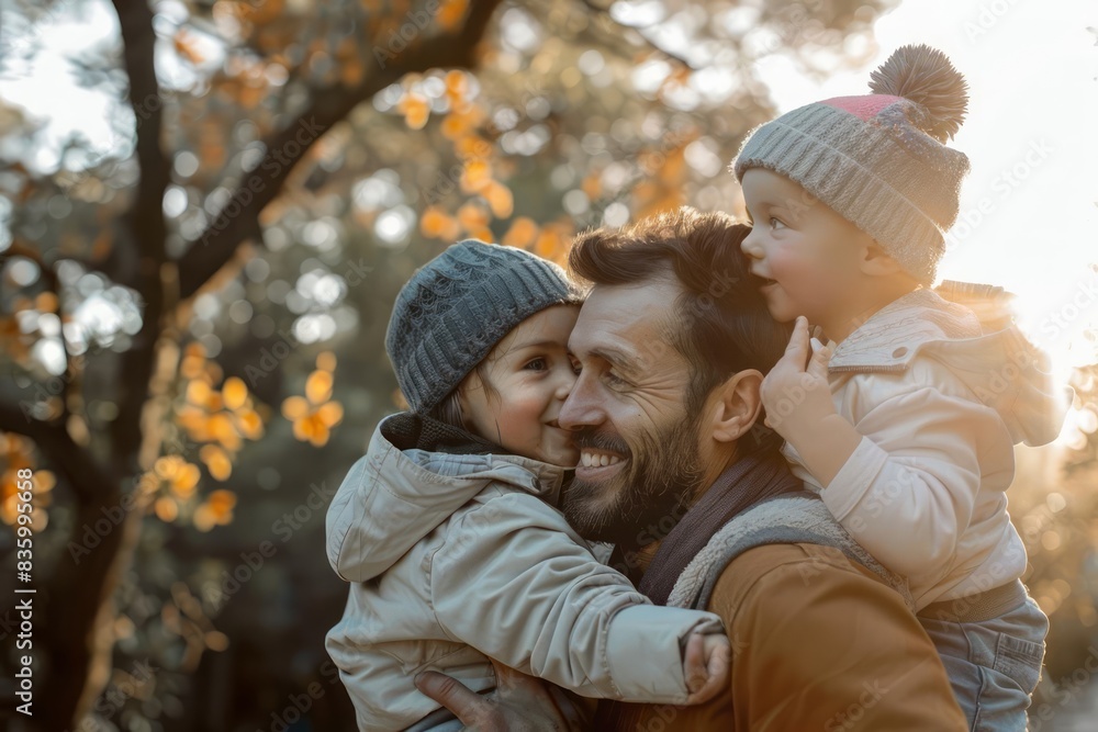 Fototapeta premium Joyful Family Portrait Two Loving Dads with Their Children, LGBT Representation