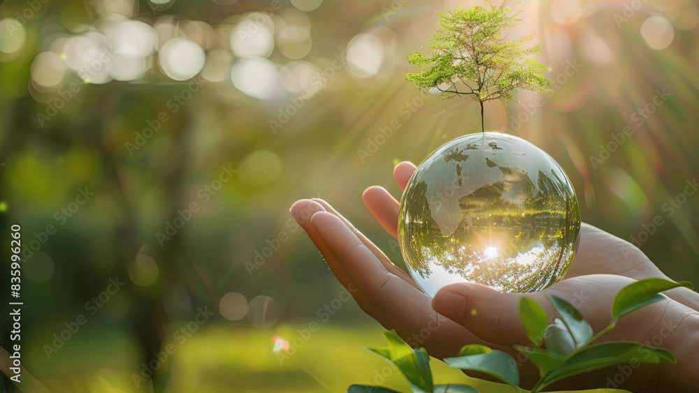 two hand holding glass globe ball with tree growing and green nature ...