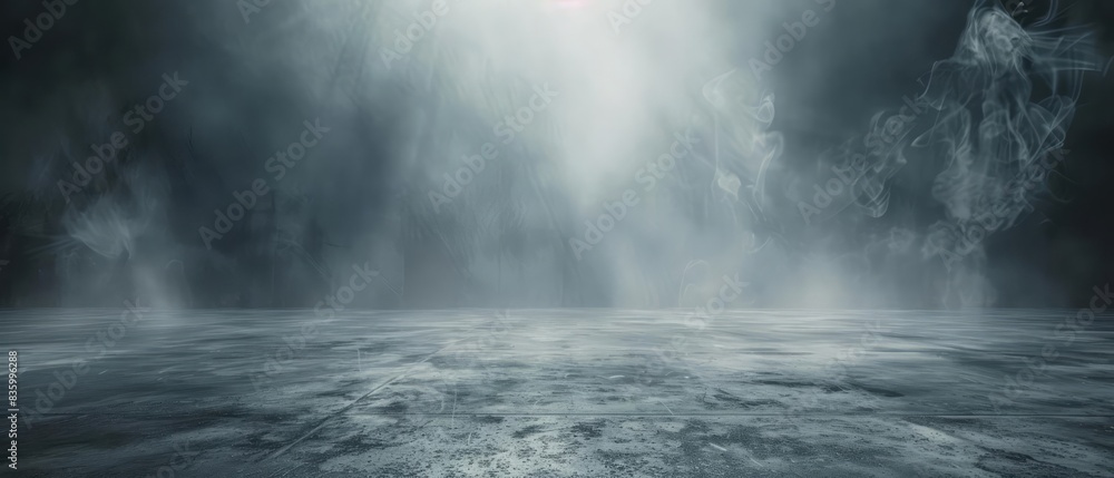 Mystical dark gray background with fog and light on the floor, creating an eerie atmosphere for showcasing products Mystical dark gray background with fog and light on the floor, creating an eerie atmosphere for showcasing products