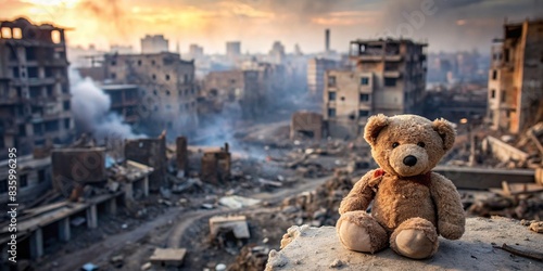 Toy teddy bear standing amidst a burnt cityscape from war aftermath , Teddy bear, toy, city, burned, destruction, war, conflict, aftermath, building, destruction, urban, ruins, landscape photo