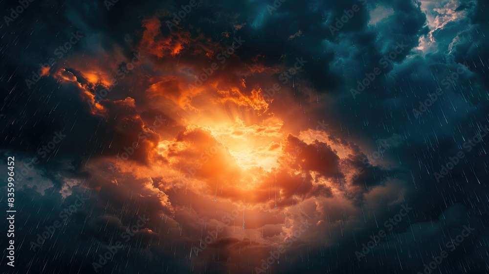 Orange sunlight shining through dark rain filled clouds on a stormy day Orange sunlight shining through dark rain filled clouds on a stormy day