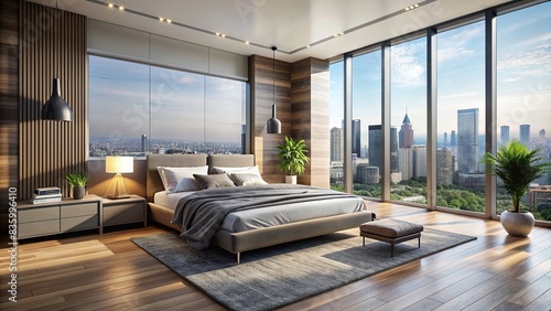Modern and minimalist urban bedroom with cityscape views, urban, bedroom, interior design, minimalist, modern, cityscape, view, architecture, decor, contemporary, stylish, window, skyline